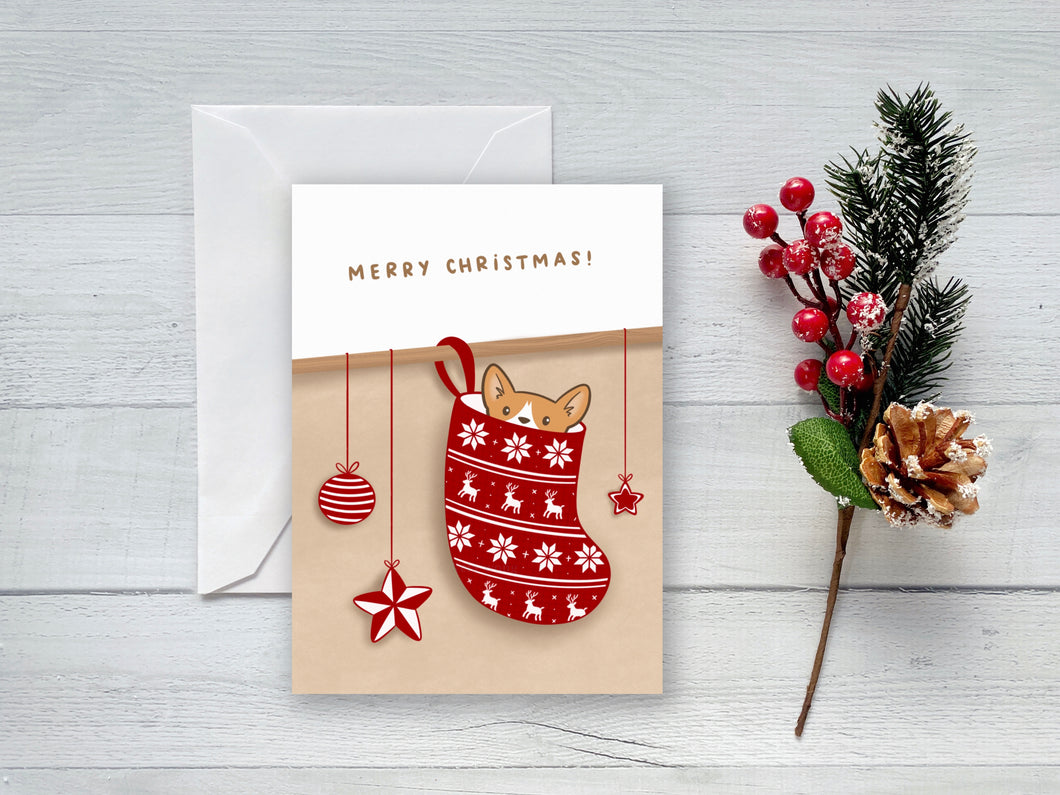 Christmas Stocking Peeking Corgi Greeting Card