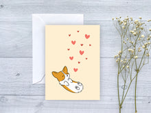Load image into Gallery viewer, Rolling Corgi Pink Hearts Greeting Card
