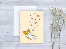Load image into Gallery viewer, Rolling Corgi Pink Hearts Greeting Card