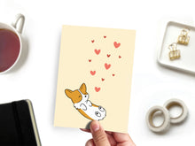 Load image into Gallery viewer, Rolling Corgi Pink Hearts Greeting Card