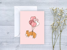 Load image into Gallery viewer, Flying Heart Balloons Corgi Greeting Card