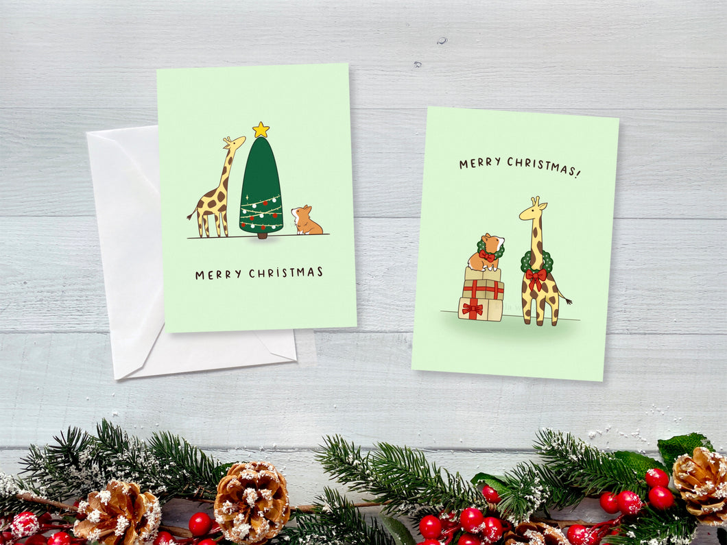 Giraffe & Corgi Christmas Mixed Greeting Card Set