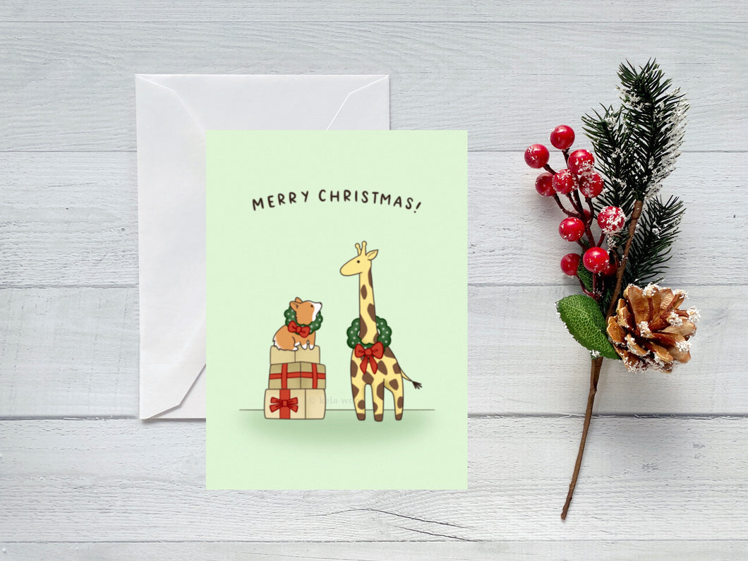 Giraffe & Corgi Wreaths Merry Christmas Greeting Card