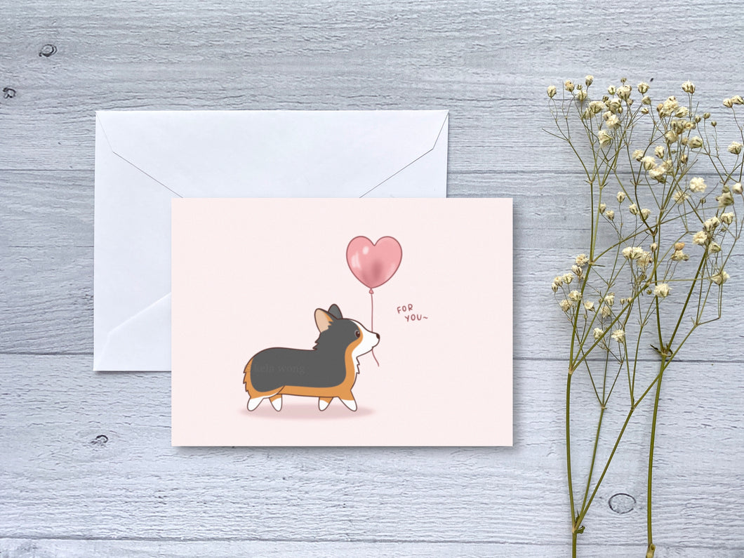 Balloon Heart Tricolor Corgi Greeting Card