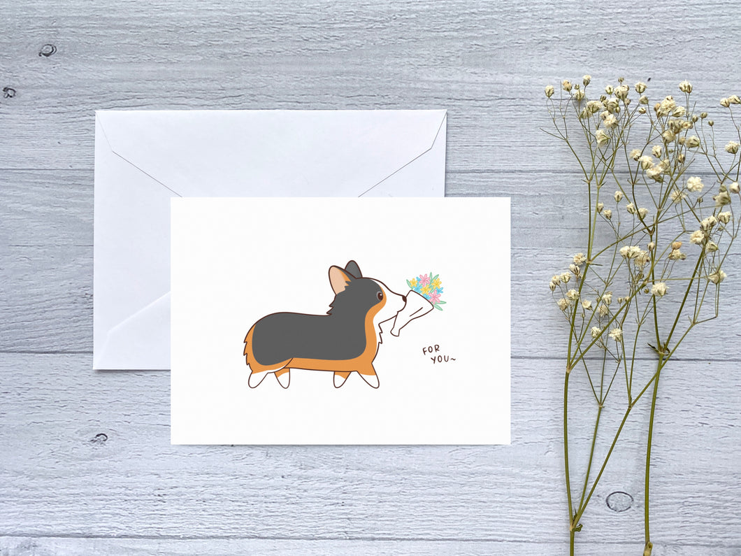 Tricolor Corgi with Flower Bouquet Greeting Card