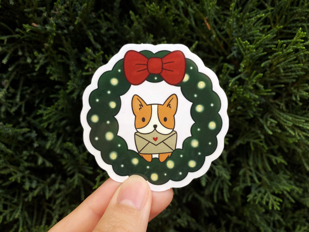 Corgi Christmas Wreath Vinyl Sticker
