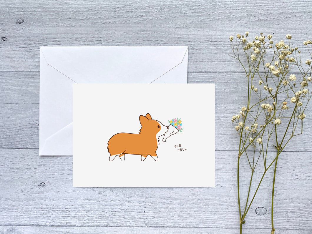 Corgi with Flower Bouquet Greeting Card