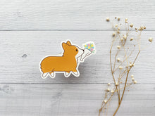 Load image into Gallery viewer, Corgi with Flower Bouquet Vinyl Sticker
