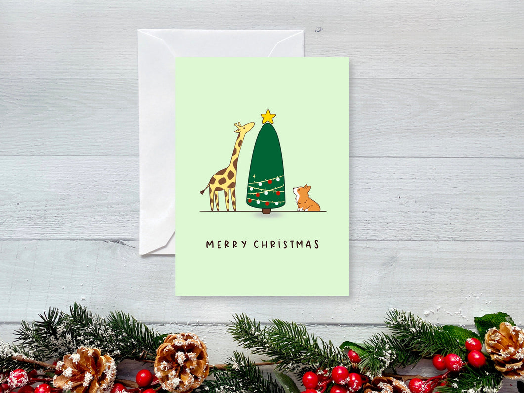 Giraffe & Corgi Friends Merry Christmas Card