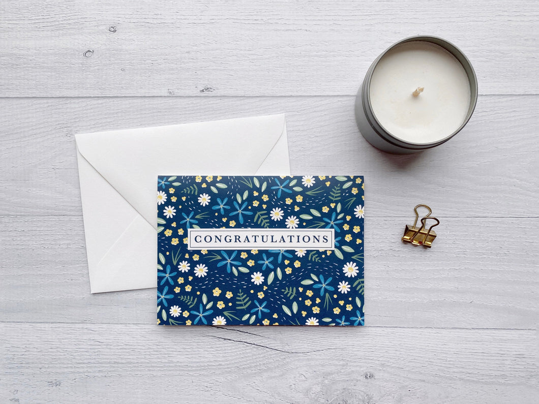 Blue Floral Congratulations Greeting Card